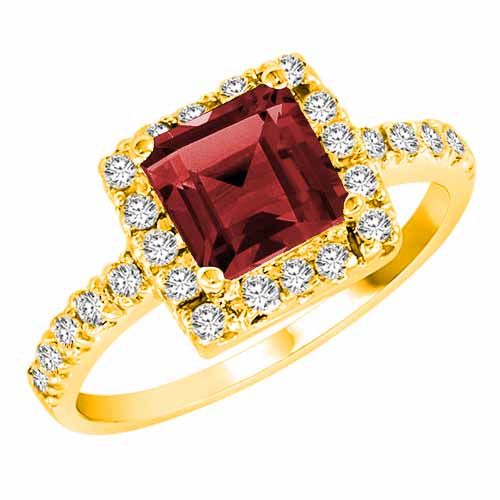 14K Yellow Gold Square Garnet and Diamond Ring