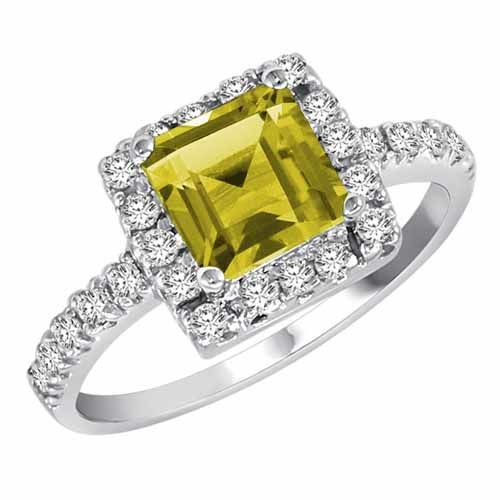 14K White Gold Square Lemon Quartz and Diamond Ring