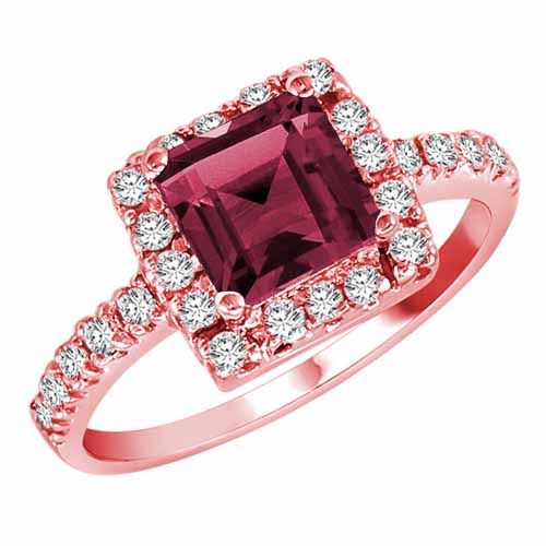 10K Rose Gold Square Created Pink Tourmaline and Diamond Ring