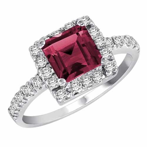 18K White Gold Square Created Pink Tourmaline and Diamond Ring
