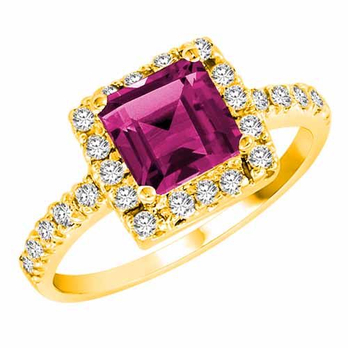 14K Yellow Gold Square Pink Topaz and Diamond Ring