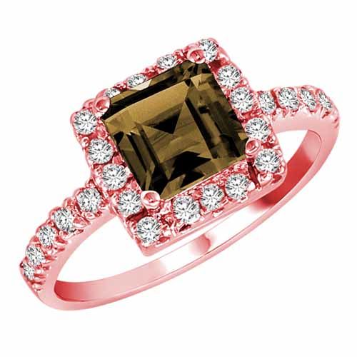 14K Rose Gold Square Smoky Quartz and Diamond Ring