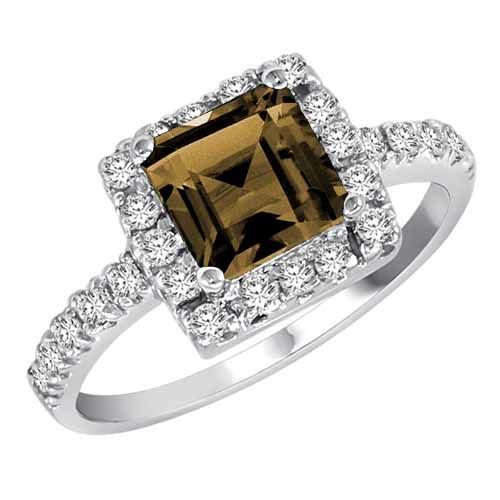 14K White Gold Square Smoky Quartz and Diamond Ring