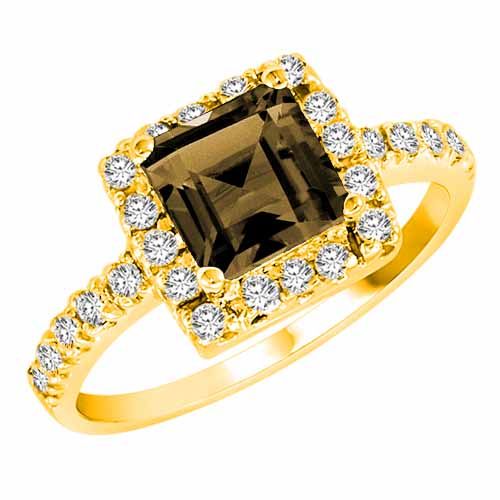 10K Yellow Gold Square Smoky Quartz and Diamond Ring