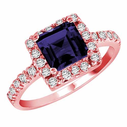 18K Rose Gold Square Created Blue Sapphire and Diamond Ring