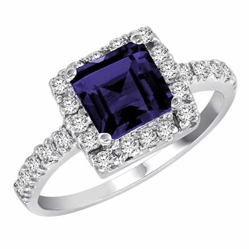 Sterling Silver Square Created Blue Sapphire and Diamond Ring