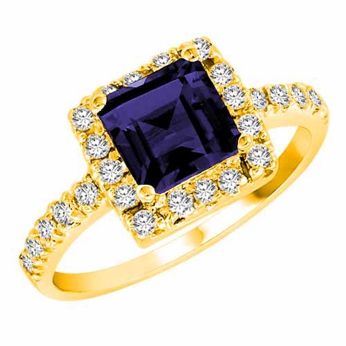 10K Yellow Gold Square Created Blue Sapphire and Diamond Ring