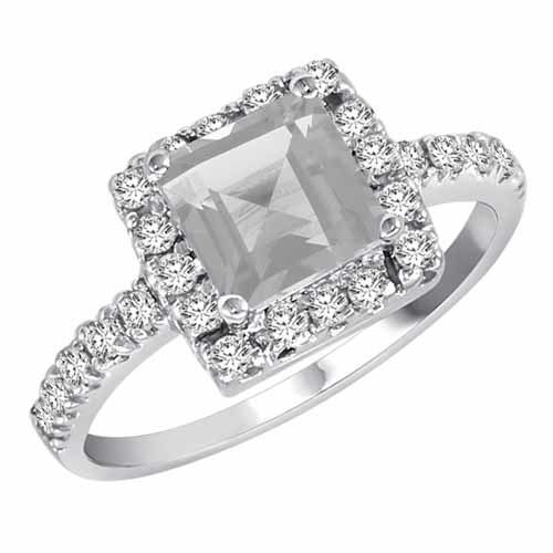 14K White Gold Square White Quartz and Diamond Ring