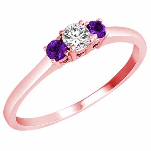 14K Rose Gold Round 3 Stone Diamond and Amethyst Accented Engagement Ring (0.25 cttw)