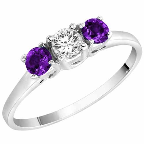 18K White Gold Round 3 Stone Diamond and Amethyst Accented Engagement Ring (0.45 cttw)