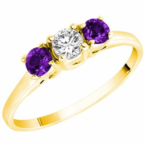 18K Yellow Gold Round 3 Stone Diamond and Amethyst Accented Engagement Ring (0.45 cttw)
