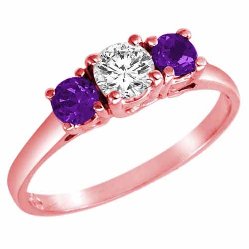 14K Rose Gold Round 3 Stone Diamond and Amethyst Accented Engagement Ring (0.95 cttw)