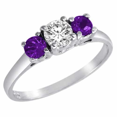 18K White Gold Round 3 Stone Diamond and Amethyst Accented Engagement Ring (0.95 cttw)