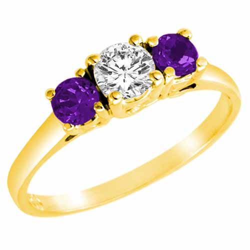 18K Yellow Gold Round 3 Stone Diamond and Amethyst Accented Engagement Ring (0.95 cttw)