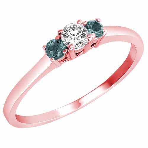 10K Rose Gold Round 3 Stone Diamond and Aquamarine Accented Engagement Ring (0.25 cttw)
