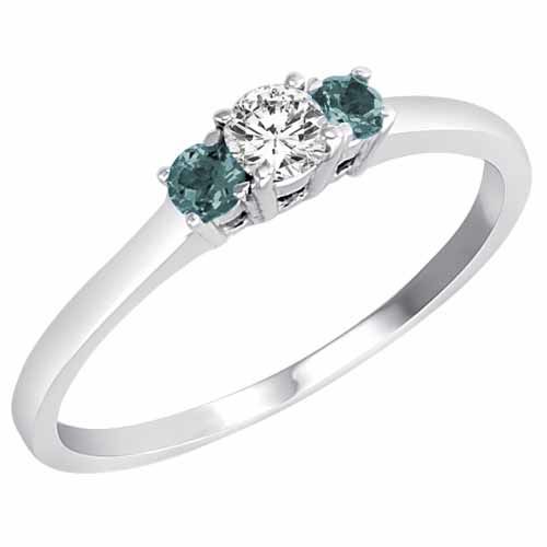 10K White Gold Round 3 Stone Diamond and Aquamarine Accented Engagement Ring (0.25 cttw)