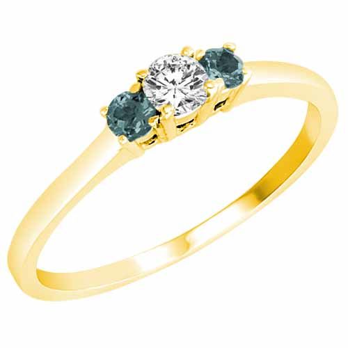 18K Yellow Gold Round 3 Stone Diamond and Aquamarine Accented Engagement Ring (0.25 cttw)