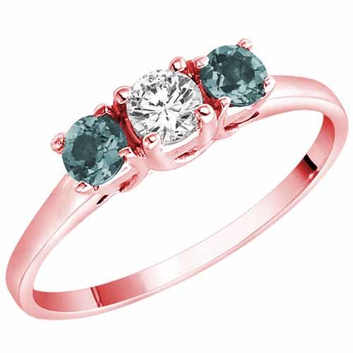 18K Rose Gold Round 3 Stone Diamond and Aquamarine Accented Engagement Ring (0.45 cttw)