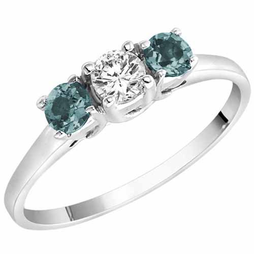 10K White Gold Round 3 Stone Diamond and Aquamarine Accented Engagement Ring (0.45 cttw)