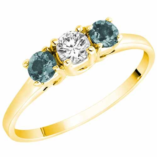 14K Yellow Gold Round 3 Stone Diamond and Aquamarine Accented Engagement Ring (0.45 cttw)