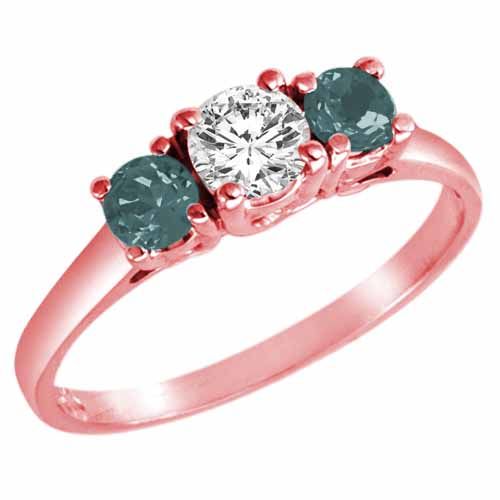 14K Rose Gold Round 3 Stone Diamond and Aquamarine Accented Engagement Ring (0.95 cttw)