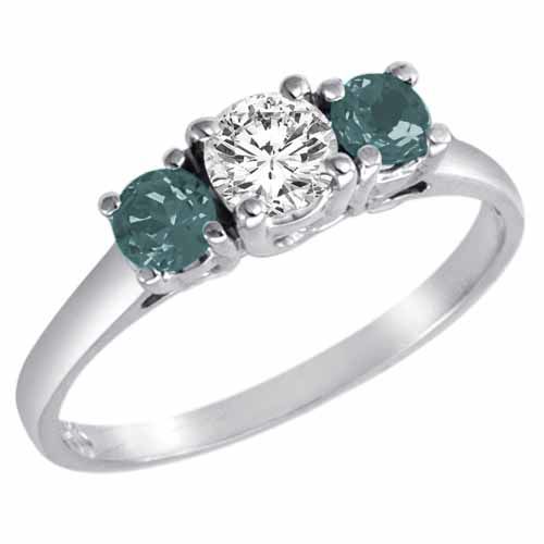 14K White Gold Round 3 Stone Diamond and Aquamarine Accented Engagement Ring (0.95 cttw)
