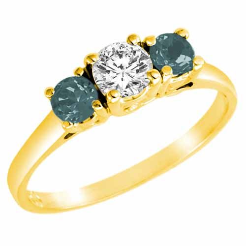10K Yellow Gold Round 3 Stone Diamond and Aquamarine Accented Engagement Ring (0.95 cttw)