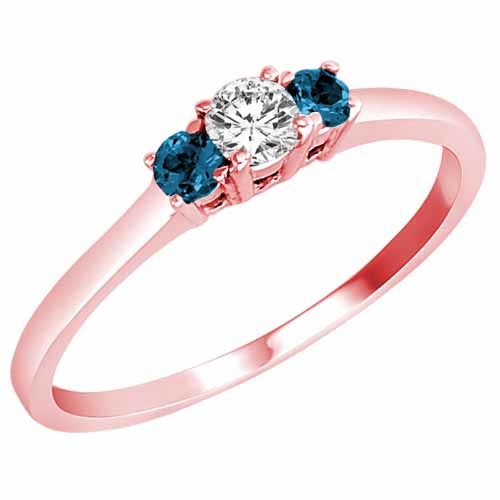 3 Stone Round White Diamond & Blue Diamond Accented Engagement Ring in 10K Rose Gold (0.25 cttw)