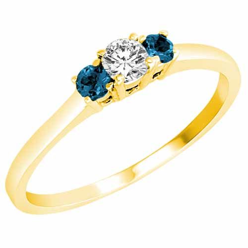 3 Stone Round White Diamond & Blue Diamond Accented Engagement Ring in 10K Yellow Gold (0.25 cttw)