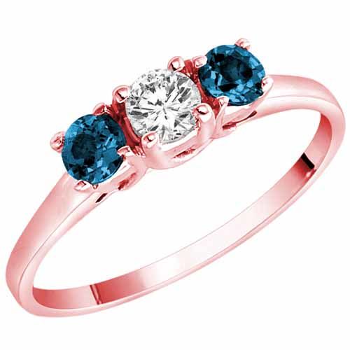 3 Stone Round White Diamond & Blue Diamond Accented Engagement Ring in 18K Rose Gold (0.45 cttw)