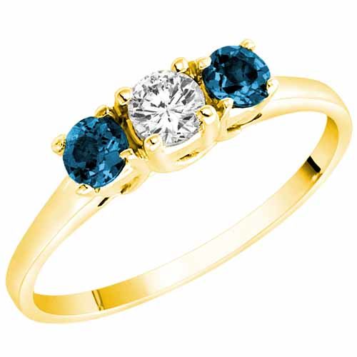 3 Stone Round White Diamond & Blue Diamond Accented Engagement Ring in 14K Yellow Gold (0.45 cttw)