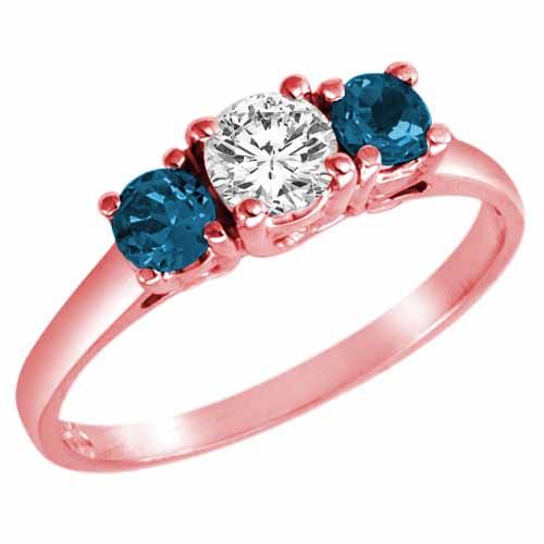 3 Stone Round White Diamond & Blue Diamond Accented Engagement Ring in 18K Rose Gold (0.90 cttw)