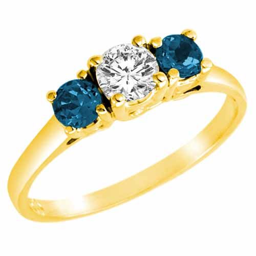 3 Stone Round White Diamond & Blue Diamond Accented Engagement Ring in 10K Yellow Gold (0.90 cttw)