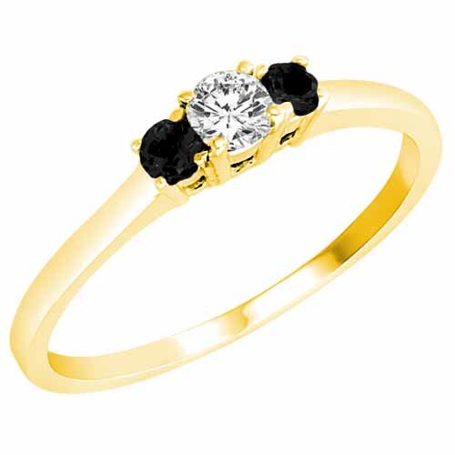 18K Yellow Gold Round 3 Stone Diamond and Black Diamond Accented Engagement Ring (0.25 cttw)