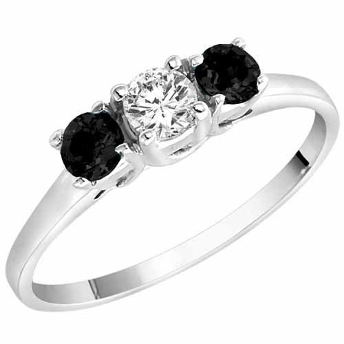 10K White Gold Round 3 Stone Diamond and Black Diamond Accented Engagement Ring (0.45 cttw)