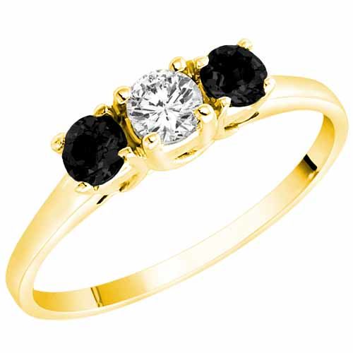 14K Yellow Gold Round 3 Stone Diamond and Black Diamond Accented Engagement Ring (0.45 cttw)
