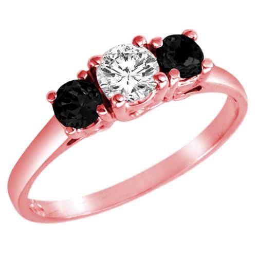 14K Rose Gold Round 3 Stone Diamond and Black Diamond Accented Engagement Ring (0.95 cttw)