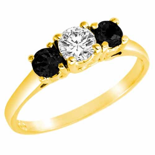 18K Yellow Gold Round 3 Stone Diamond and Black Diamond Accented Engagement Ring (0.95 cttw)