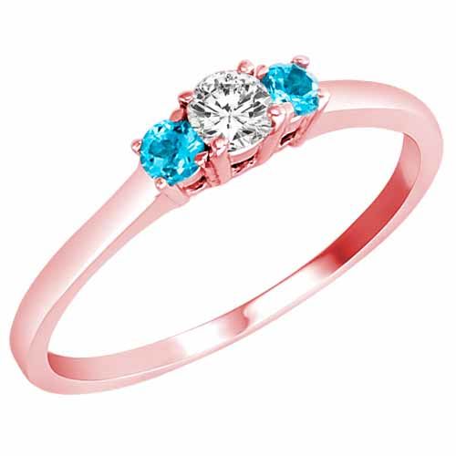 14K Rose Gold Round 3 Stone Diamond and Blue Topaz Accented Engagement Ring (0.25 cttw)