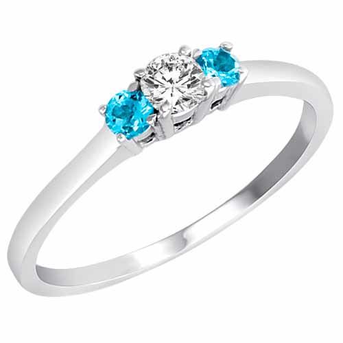 10K White Gold Round 3 Stone Diamond and Blue Topaz Accented Engagement Ring (0.25 cttw)