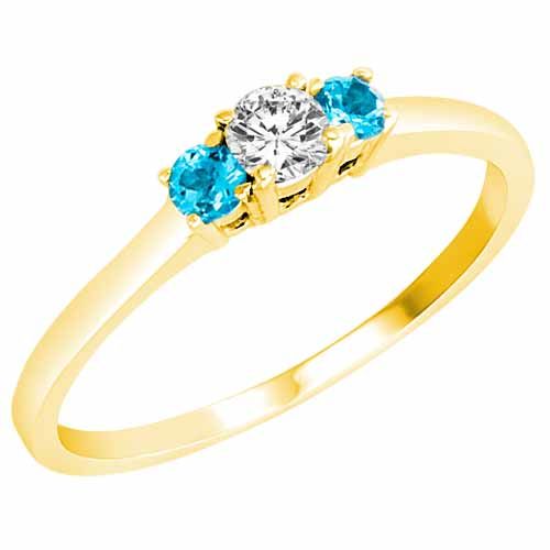 18K Yellow Gold Round 3 Stone Diamond and Blue Topaz Accented Engagement Ring (0.25 cttw)