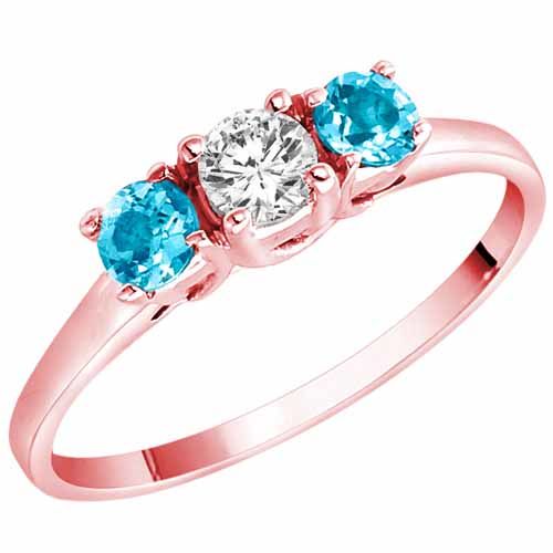 10K Rose Gold Round 3 Stone Diamond and Blue Topaz Accented Engagement Ring (0.45 cttw)