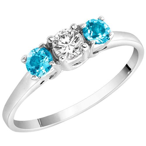 10K White Gold Round 3 Stone Diamond and Blue Topaz Accented Engagement Ring (0.45 cttw)