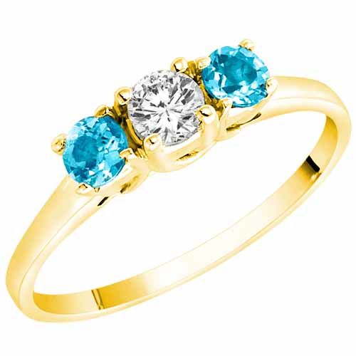 14K Yellow Gold Round 3 Stone Diamond and Blue Topaz Accented Engagement Ring (0.45 cttw)