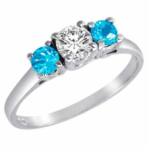 14K White Gold Round 3 Stone Diamond and Blue Topaz Accented Engagement Ring (0.95 cttw)