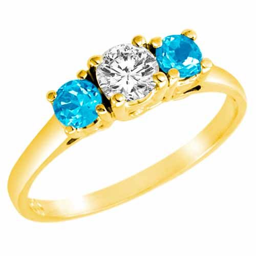 10K Yellow Gold Round 3 Stone Diamond and Blue Topaz Accented Engagement Ring (0.95 cttw)