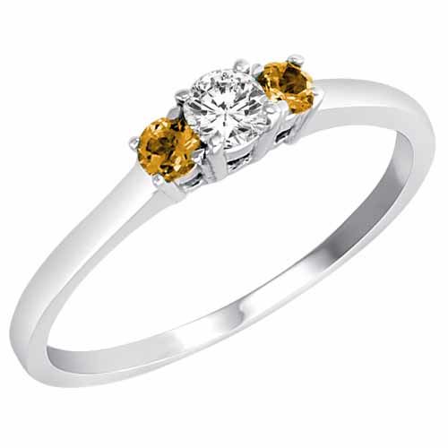 Sterling Silver Round 3 Stone Diamond and Citrine Accented Engagement Ring (0.25 cttw)