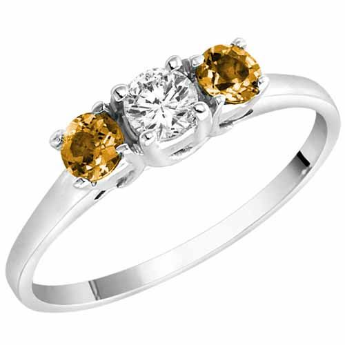 14K White Gold Round 3 Stone Diamond and Citrine Accented Engagement Ring (0.45 cttw)