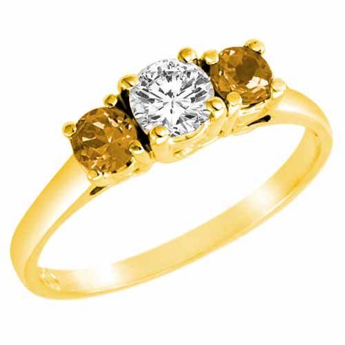 10K Yellow Gold Round 3 Stone Diamond and Citrine Accented Engagement Ring (0.95 cttw)