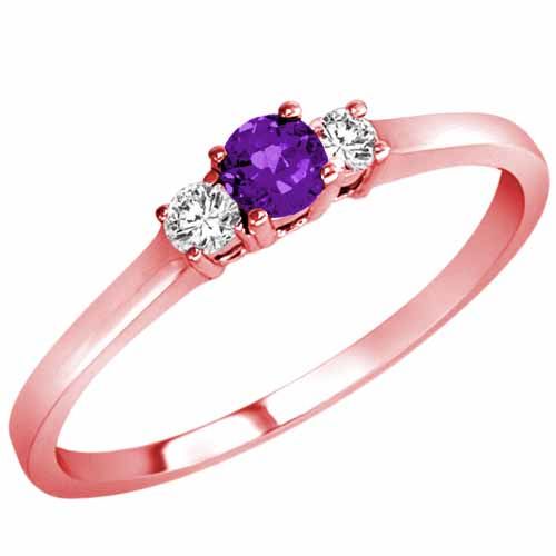 14K Rose Gold Round 3 Stone Amethyst and Diamond Ring (0.25 cttw)